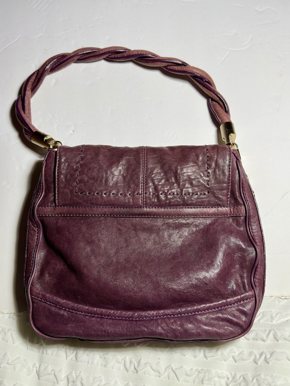 Tre Vero Plum Purple Leather Braided Handle Shoulder Bag